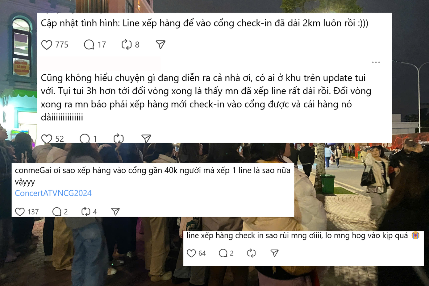 Mọi người lo lắng không thể vào kịp giờ biểu diễn, đa số fan hi vọng BTC sẽ lùi giờ đóng cổng check-in để đảm bảo cho các "Gai Con". Mọi người lo lắng không thể vào kịp giờ biểu diễn, đa số fan hi vọng BTC sẽ lùi giờ đóng cổng check-in để đảm bảo cho các "Gai Con".