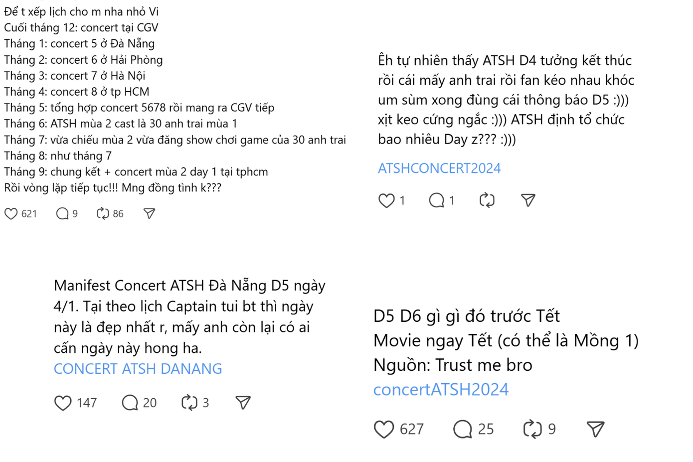 Trên các nền tảng, fan đưa ra 7749 kịch bản về thời gian tổ chức concert. Nhiều khán giả ủng hộ việc sẽ tổ chức concert D-5 vào đầu năm sau.