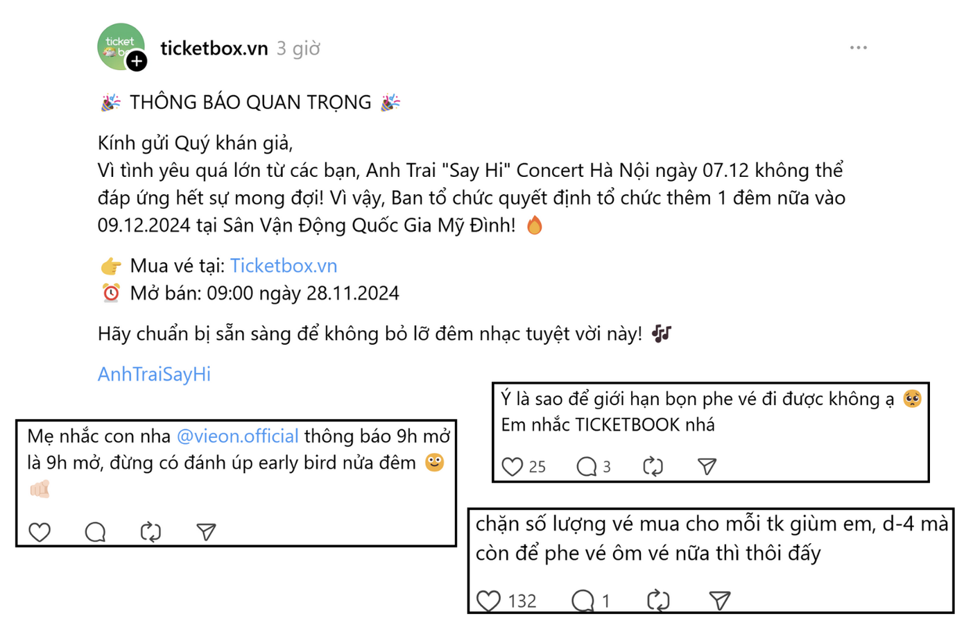 Những bình luận như "một người mua được 4 vé" cũng nhận về nhiều ý kiến ủng hộ từ các fan. Những bình luận như "một người mua được 4 vé" cũng nhận về nhiều ý kiến ủng hộ từ các fan.