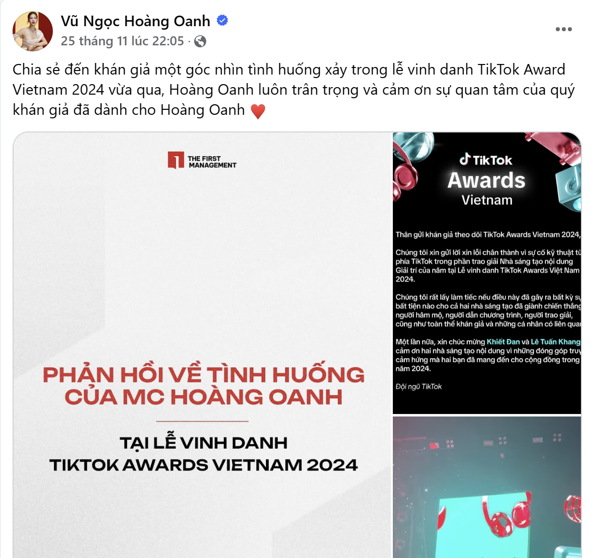 MC Hoàng Oanh chia sẻ lại sự cố nhưng cũng nhận về ý kiến trái chiều từ khán giả: "Bên TikTok đã dàn xếp ổn thỏa và đồng ý cho 2 bạn ấy đều có giải, giờ lên nói dị chẳng khác nào phủ nhận Lê Tuấn Khang". - Ảnh: FBNV MC Hoàng Oanh chia sẻ lại sự cố nhưng cũng nhận về ý kiến trái chiều từ khán giả: "Bên TikTok đã dàn xếp ổn thỏa và đồng ý cho 2 bạn ấy đều có giải, giờ lên nói dị chẳng khác nào phủ nhận Lê Tuấn Khang". - Ảnh: FBNV