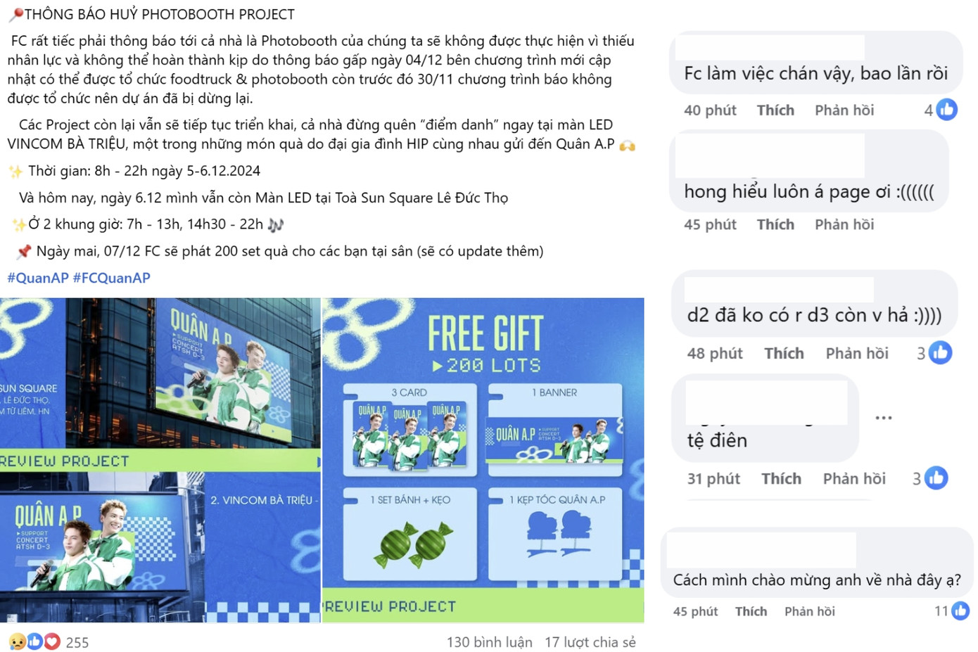 Chia sẻ này nhận về ý kiến trái chiều, các fan cho rằng FC đang thiếu trách nhiệm. Chia sẻ này nhận về ý kiến trái chiều, các fan cho rằng FC đang thiếu trách nhiệm.