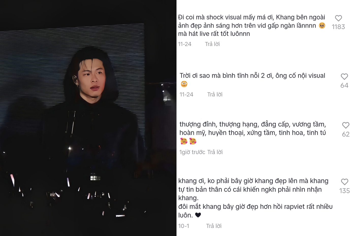 Một fan chia sẻ: "Không phải bây giờ Khang đẹp lên mà Khang tự tin bản thân có cái khiến người khác phải nhìn nhận Khang". Một fan chia sẻ: "Không phải bây giờ Khang đẹp lên mà Khang tự tin bản thân có cái khiến người khác phải nhìn nhận Khang".