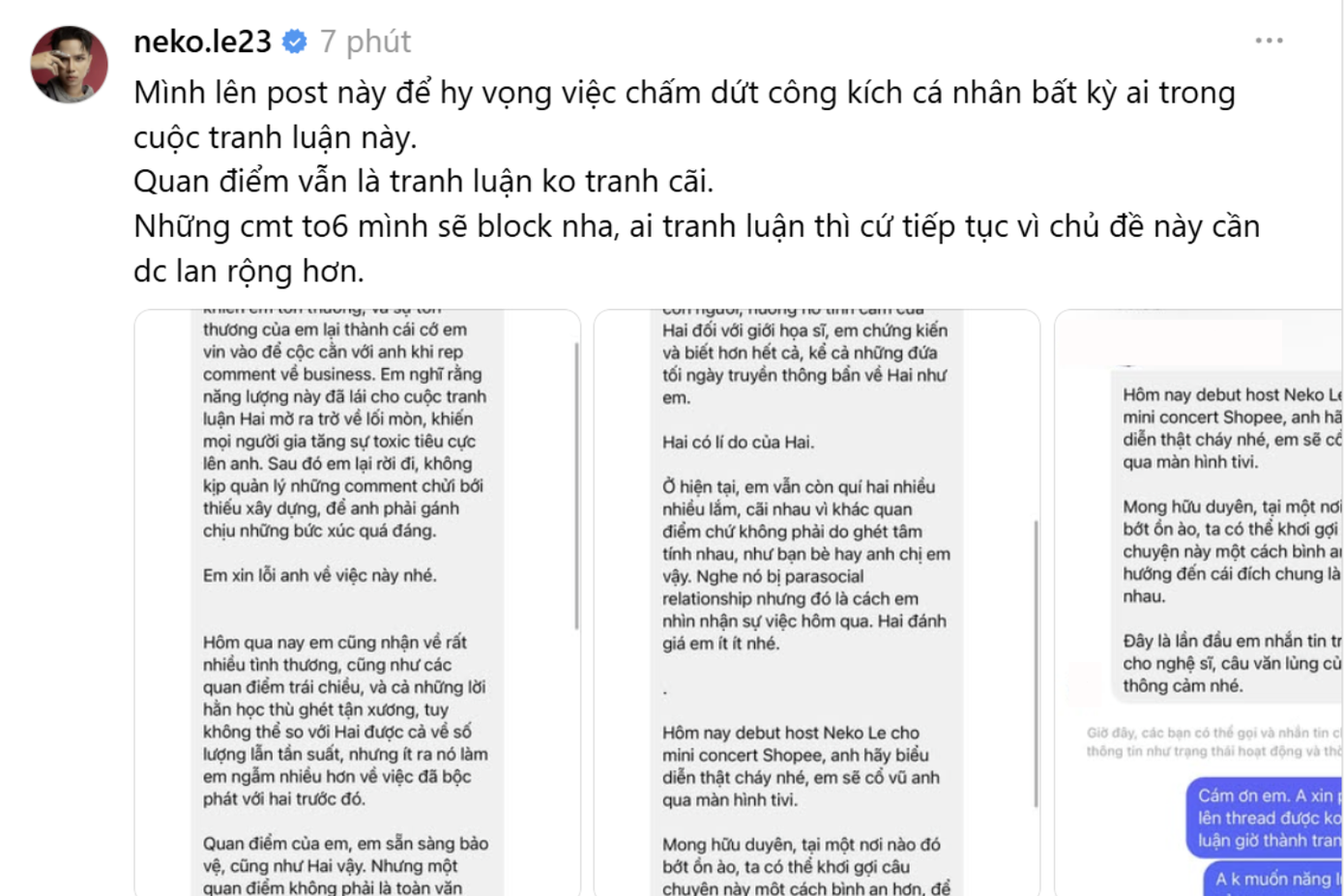 Neko chia sẻ mong muốn chấm dứt những công kích cá nhân, tuy nhiên mọi người vẫn có thể tranh luận vì vấn đề AI cần được lan rộng.