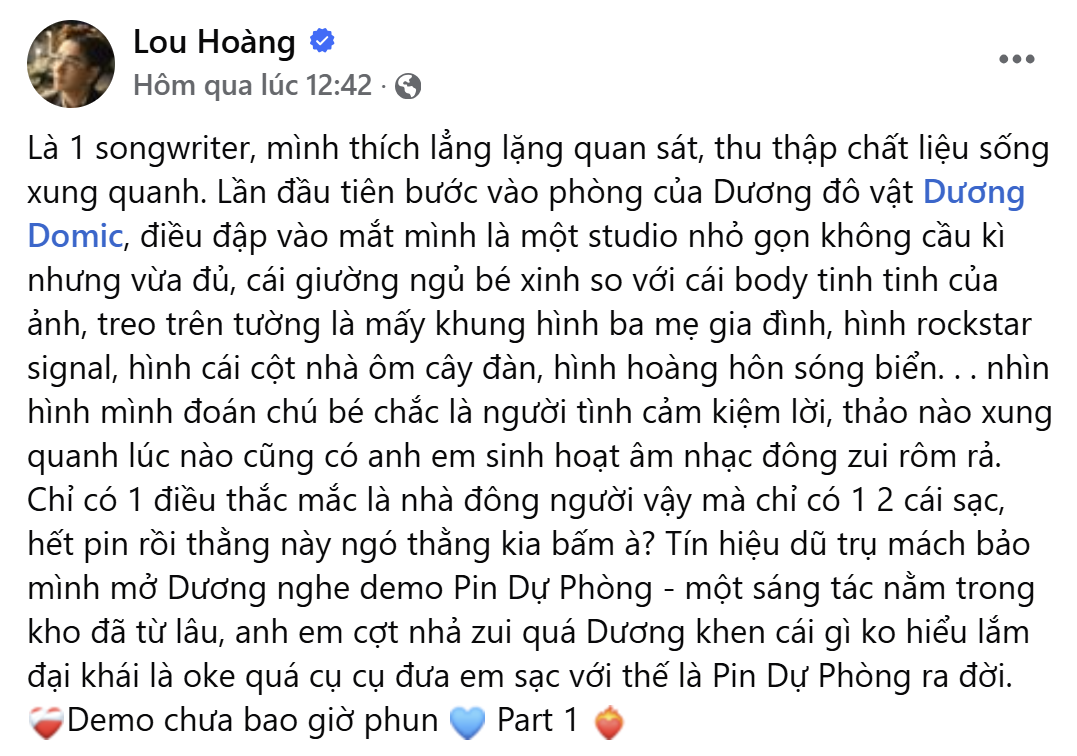 Dòng chia sẻ của Lou Hoàng khiến nhiều khán giả bật cười vì độ "lầy".