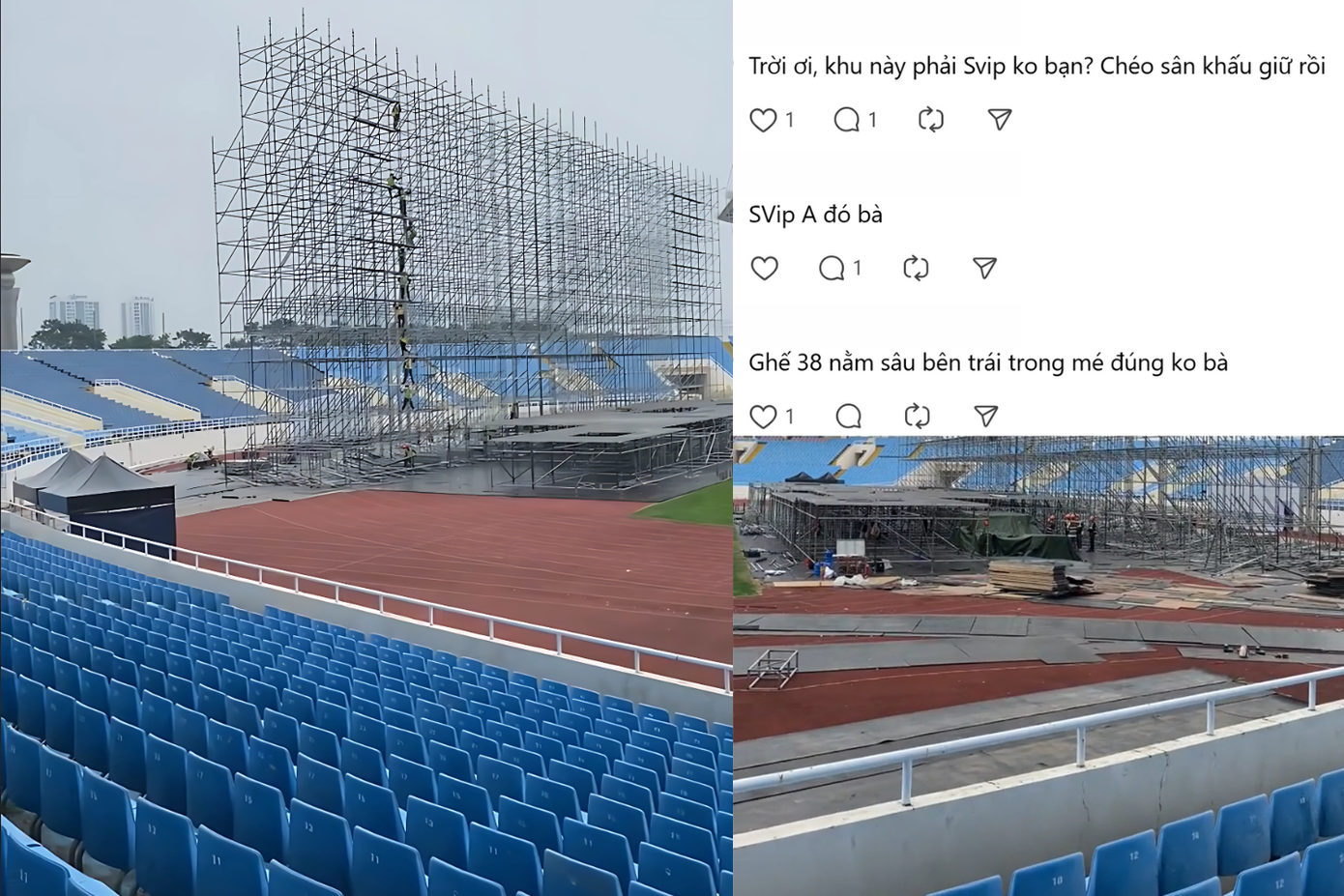 Theo đoạn clip được chia sẻ, khu vực SVIP ở vị trí chéo sân khấu khiến một số fan lo lắng. Theo đoạn clip được chia sẻ, khu vực SVIP ở vị trí chéo sân khấu khiến một số fan lo lắng.