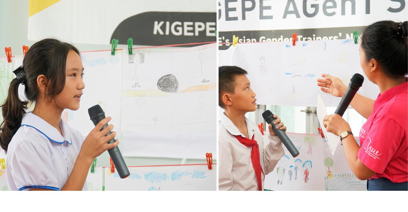 Một trong các hoạt động được các em yêu thích nhất chính là “Vẽ tranh ước mơ tôi" – thể hiện những ước mơ nghề nghiệp tương lai, những mong đợi về một gia đình và xã hội - nơi không còn định kiến giới và khuôn mẫu giới.