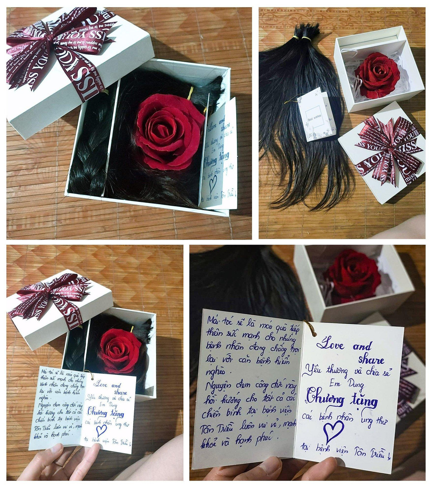 Mái tóc kèm lời nhắn động viên từ bạn Dung (khách hàng VNS Group) gửi đến bệnh nhân ung thư