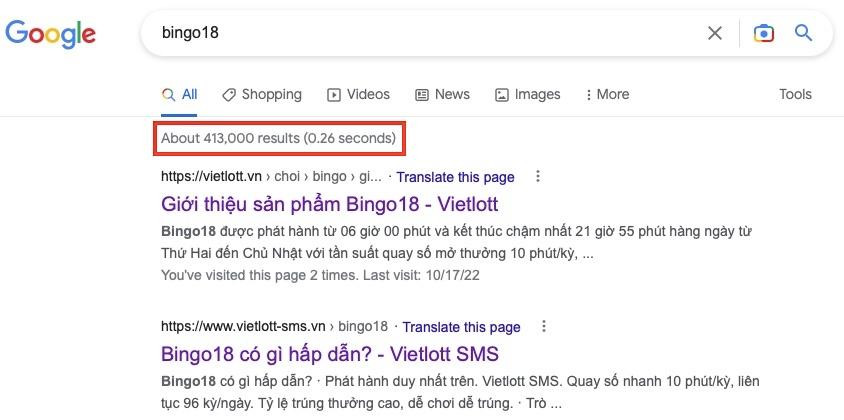 Từ những ngày đầu Google chưa hiểu "Bingo18" là gì thì tới nay đã có khoảng 413.000 kết quả hiện ra khi tìm kiếm.