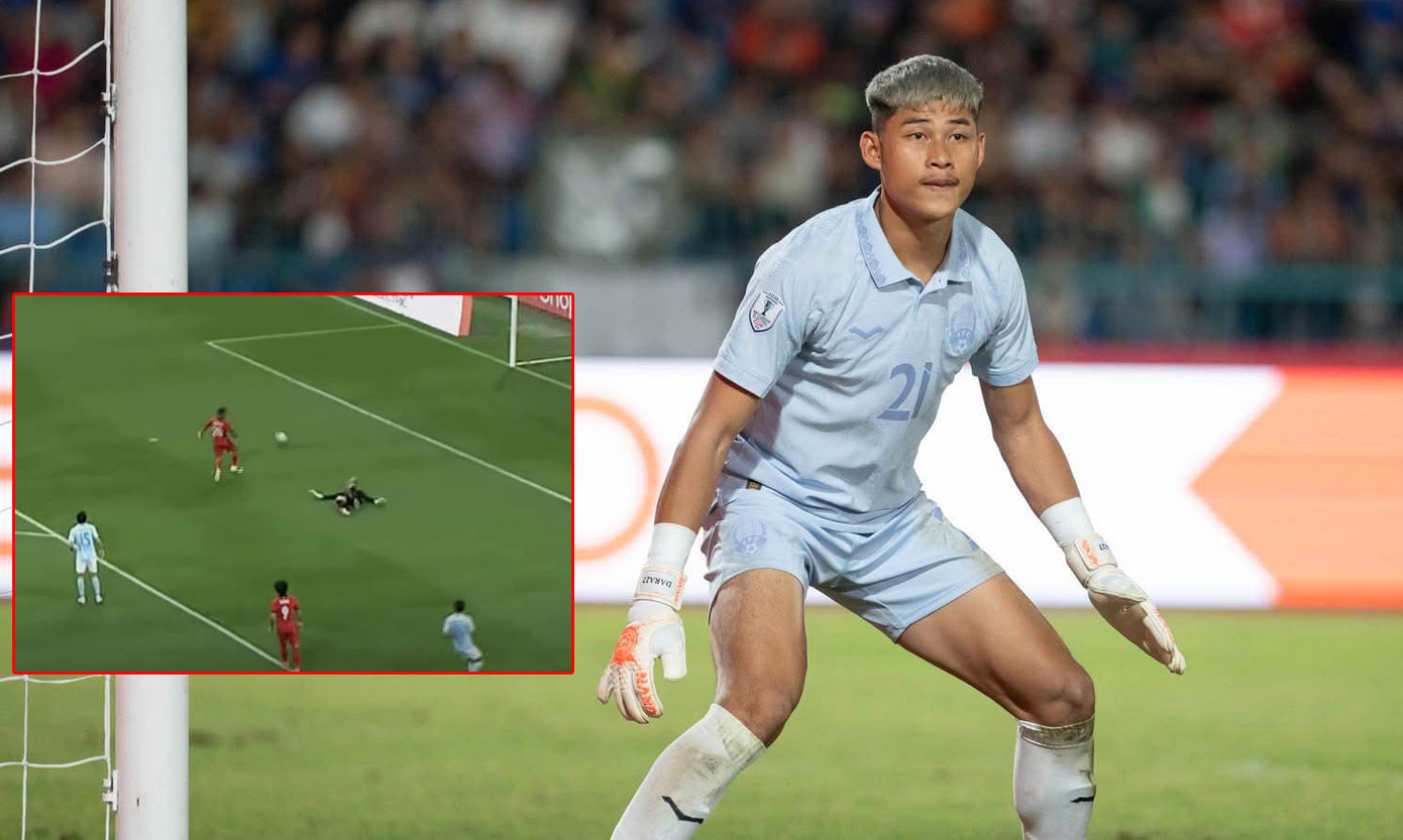 Tình huống thủ môn Vireak Dara băng ra đá trượt bóng trong bàn thua đầu tiên
