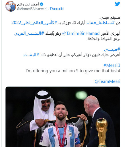 Đề nghị mua lại chiếc áo của Messi được đăng trên tài khoản Twitter của Ahmed Al Barwani Đề nghị mua lại chiếc áo của Messi được đăng trên tài khoản Twitter của Ahmed Al Barwani