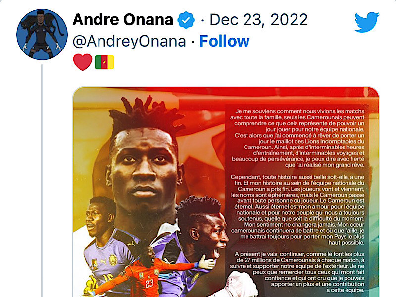 Thông điệp chia tay của thủ môn Onana Thông điệp chia tay của thủ môn Onana