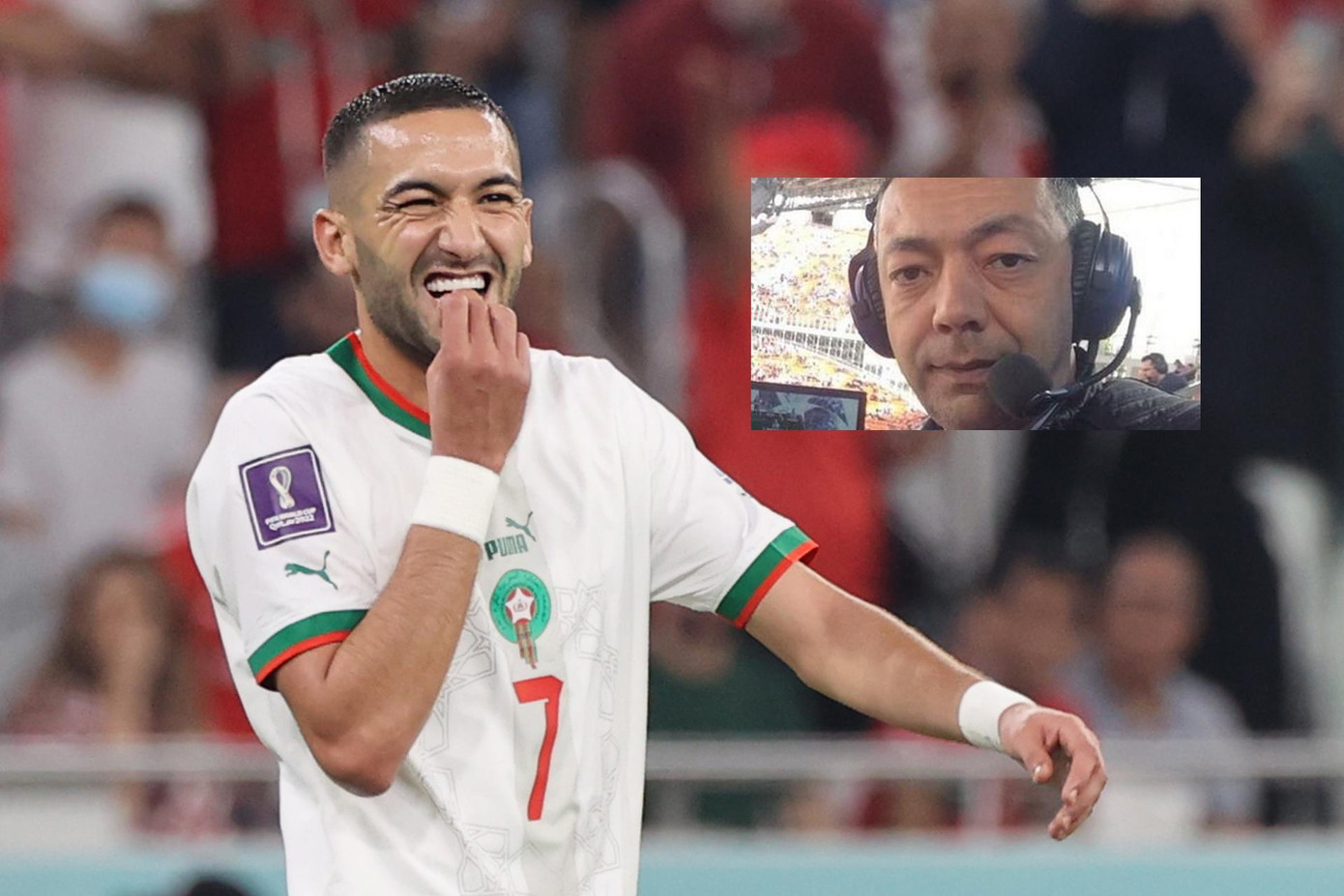 Ziyech đã "gián tiếp" khiến BLV Bakircigil (ảnh nhỏ) của đài Thổ Nhĩ Kỳ mất việc