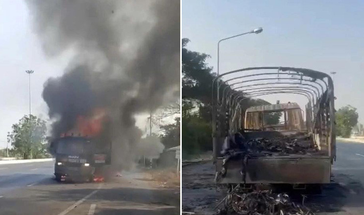 Chiếc xe tải chở xe đạp của đội tuyển Việt Nam cháy rụi trên đường