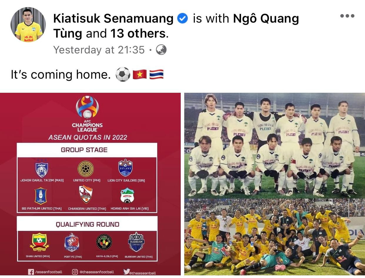 Dòng status xác nhận tin HAGL dự Cúp C1 châu Á của Kiatisuk