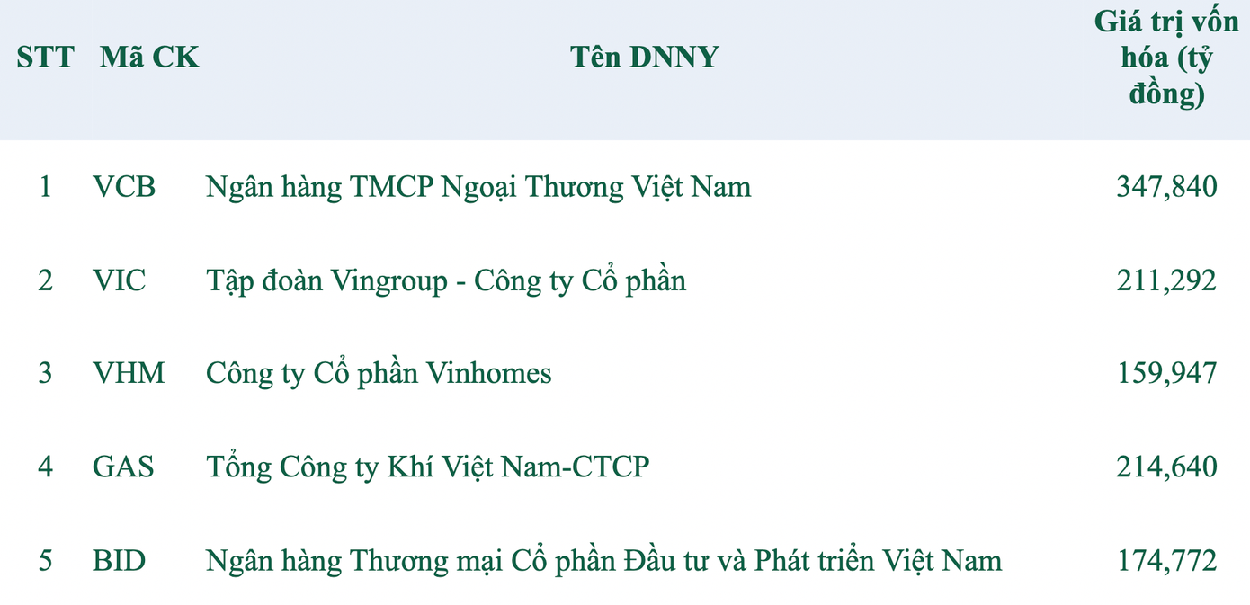 5 doanh nghiệp vốn hoá lớn nhất HoSE, tính đến cuối tháng 10 (thống kê: HoSE). 5 doanh nghiệp vốn hoá lớn nhất HoSE, tính đến cuối tháng 10 (thống kê: HoSE).