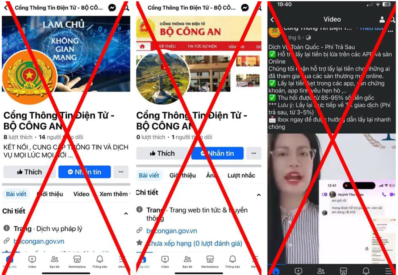 Một số trang mạo danh Bộ Công an để lừa đảo. Ảnh: Bộ Công an. Một số trang mạo danh Bộ Công an để lừa đảo. Ảnh: Bộ Công an.