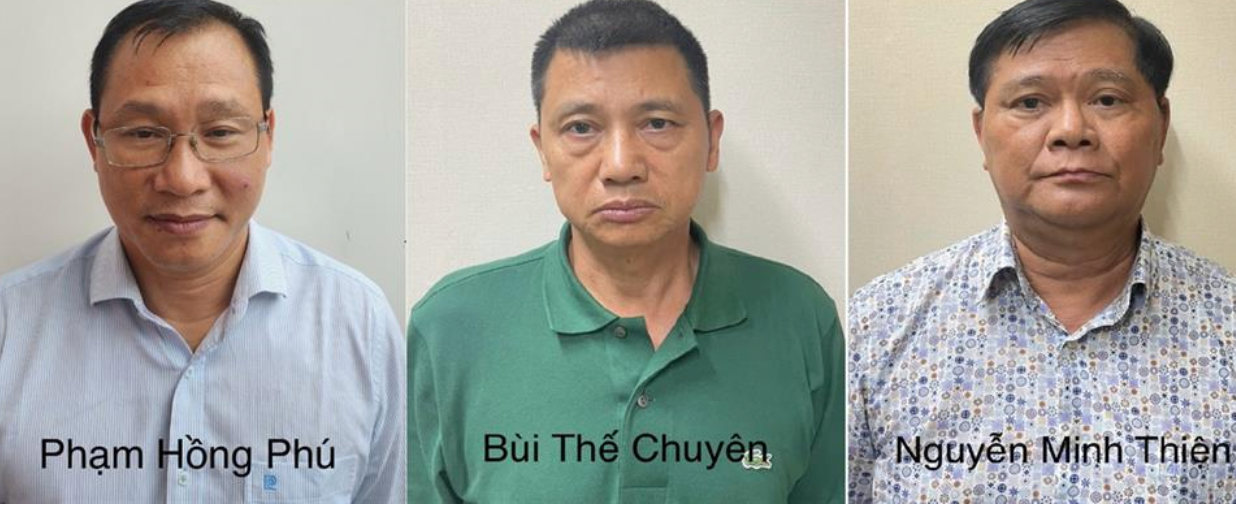 Các bị can (từ trái qua phải): Phạm Hồng Phú; Bùi Thế Chuyên; Nguyễn Minh Thiện. Ảnh: CACC. Các bị can (từ trái qua phải): Phạm Hồng Phú; Bùi Thế Chuyên; Nguyễn Minh Thiện. Ảnh: CACC.