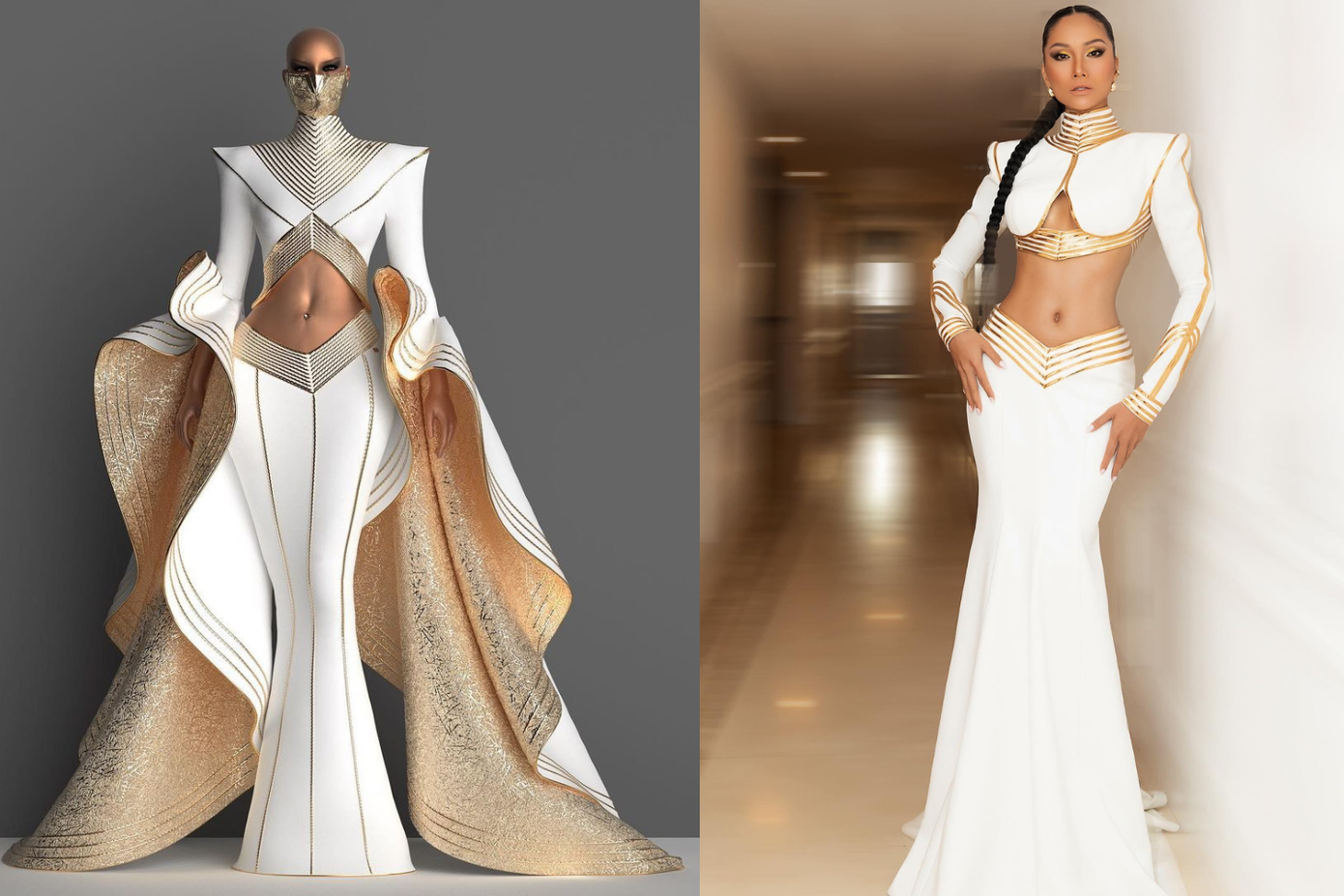 Khi đặt cạnh nhau, có thể thấy 2 thiết kế rất tương đồng về phom dáng, tone màu.