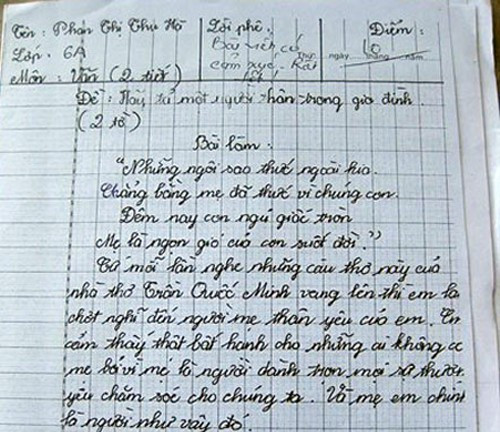 Bài văn trong sáng, giản dị nhưng chân thành của cô bé lớp 6. Bài văn viết về mẹ đạt điểm 10 của thủ khoa ĐH Ngoại thương 2010