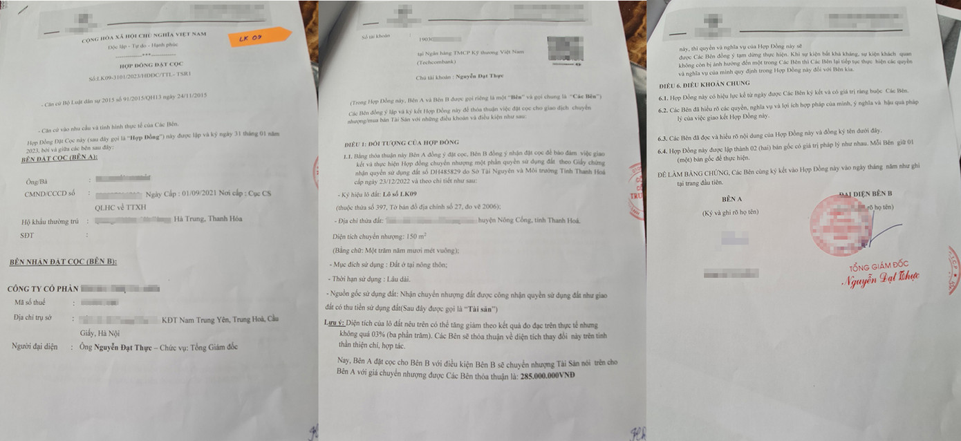 Hợp đồng đặt cọc của khách hàng "chốt" mua đất trong buổi livestream. Ảnh: Đình Phong. Hợp đồng đặt cọc của khách hàng "chốt" mua đất trong buổi livestream. Ảnh: Đình Phong.