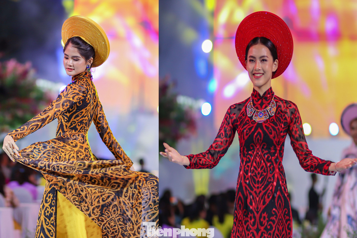 Lần đầu tham gia trình diễn tại Lễ hội Áo dài, Hoa khôi Mã Lương Thiên Nhi (bên phải) cùng với Á khôi Nguyễn Kim Ngân (bên trái) đến từ ĐH Ngân hàng TPHCM chia sẻ: “Chúng tôi vinh dự khi được góp mặt trong Lễ hội Áo Dài năm nay. Đây là cơ hội để góp phần mang hình ảnh đẹp của tà áo dài Việt Nam đến với khán giả”.