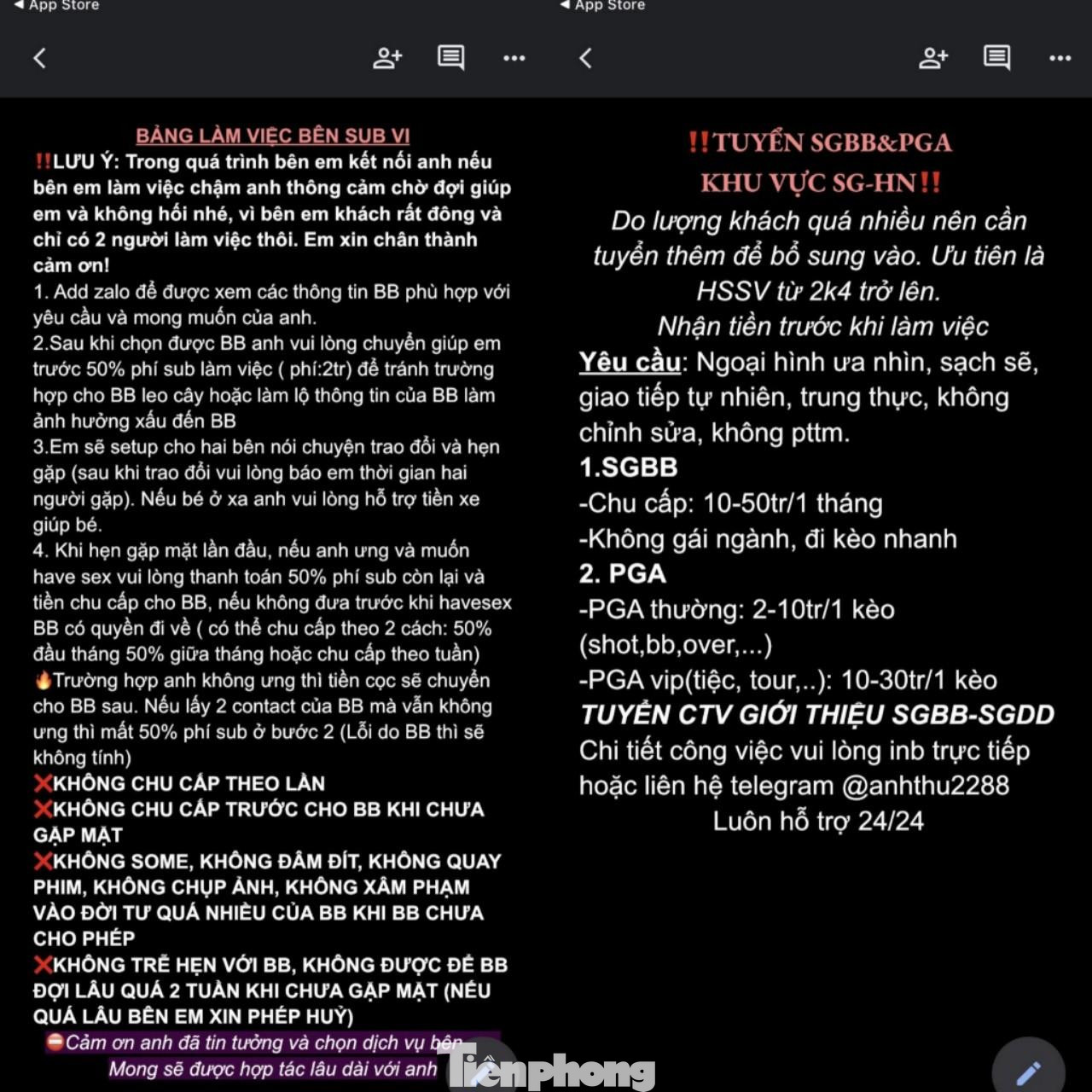 Một mẫu tin tuyển dụng chân dài trên mạng xã hội và thông tin chào khách có nhu cầu của nhóm kín do Vy cầm đầu (Ảnh: Công an TPHCM) Một mẫu tin tuyển dụng chân dài trên mạng xã hội và thông tin chào khách có nhu cầu của nhóm kín do Vy cầm đầu (Ảnh: Công an TPHCM)