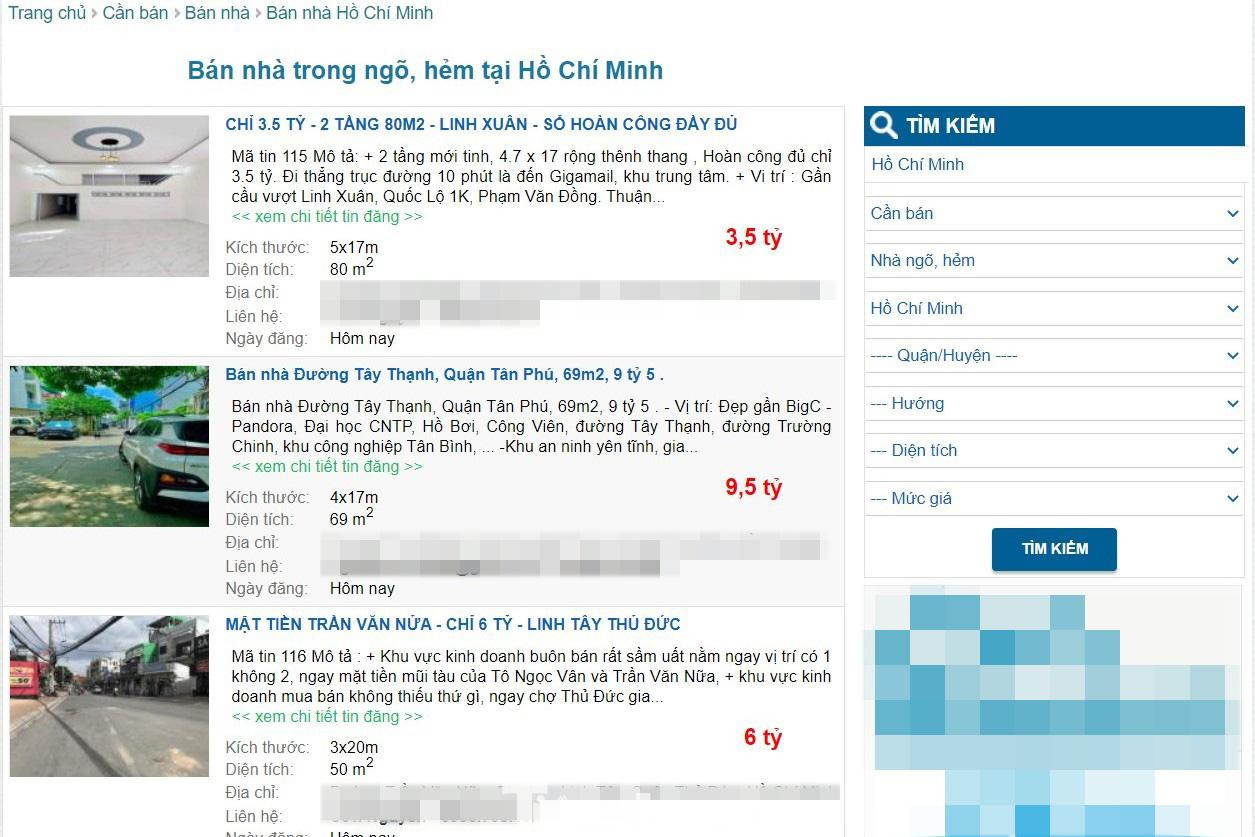 Những thông tin nhà rao bán trên một trang web bất động sản
