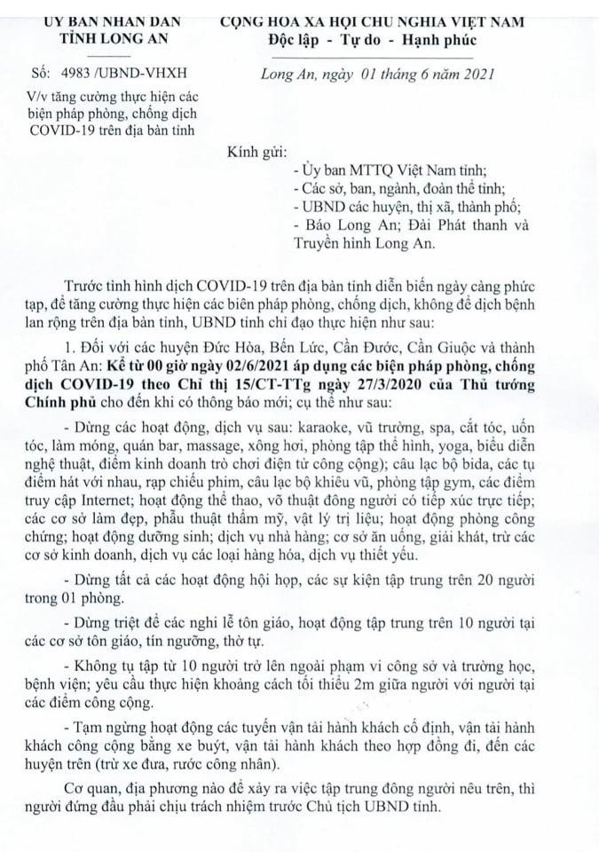 Kể từ 0h hôm nay (2/6), 5 huyện, thành phố thuộc tỉnh Loang An sẽ áp dụng Chỉ thị 15. Ảnh: Tân Châu. Kể từ 0h hôm nay (2/6), 5 huyện, thành phố thuộc tỉnh Loang An sẽ áp dụng Chỉ thị 15. Ảnh: Tân Châu.