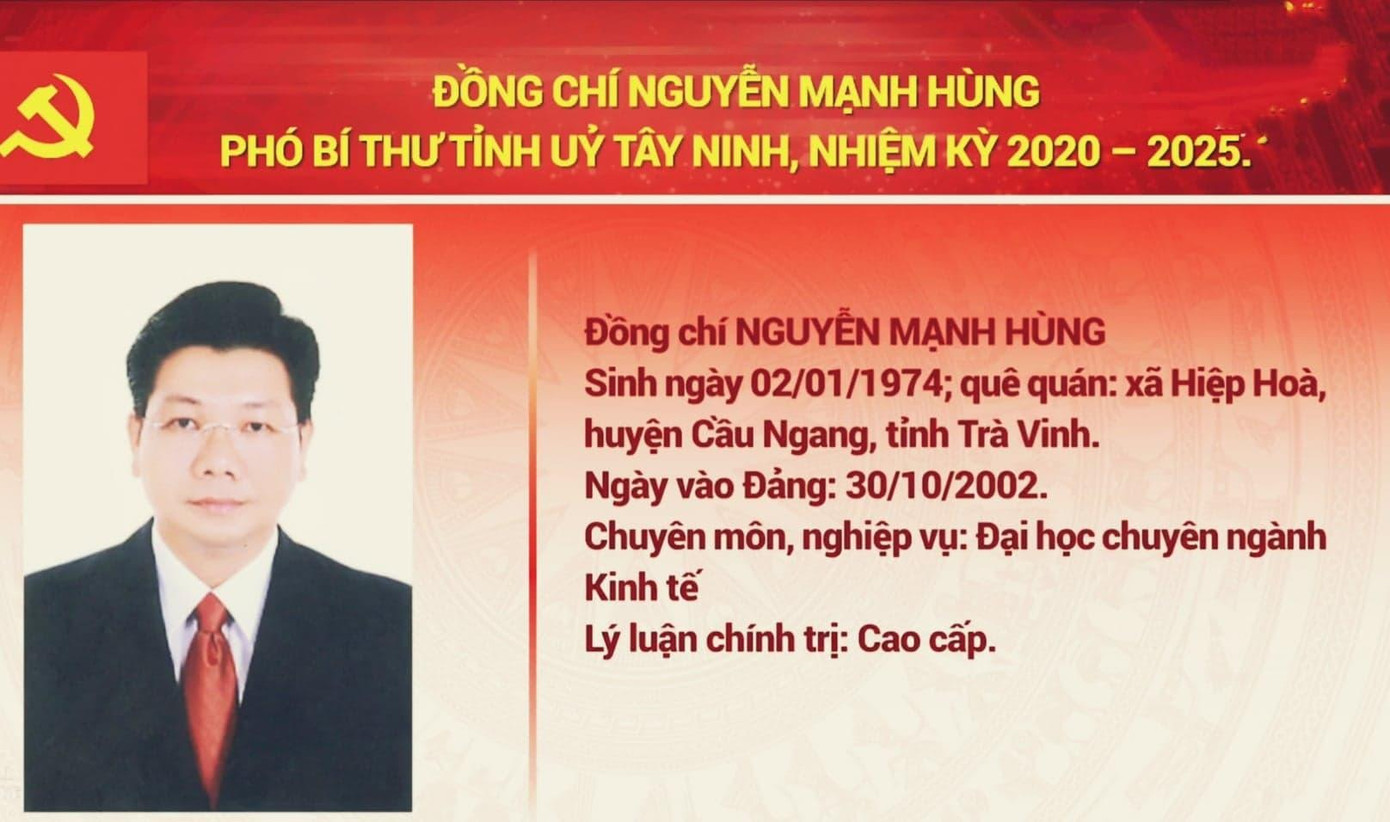 Tân Phó Bí thư Tỉnh ủy Tây Ninh Nguyễn Mạnh Hùng. Tân Phó Bí thư Tỉnh ủy Tây Ninh Nguyễn Mạnh Hùng.