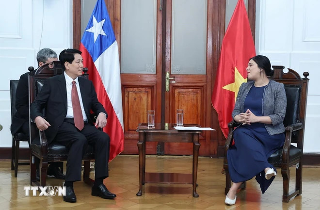 Chủ tịch nước Lương Cường hội kiến Chủ tịch Hạ viện Chile, Chủ tịch nhóm Nghị sỹ Hữu nghị Chile-Việt Nam, bà Karol Aída Cariola Oliva. (Ảnh: Lâm Khánh/TTXVN)