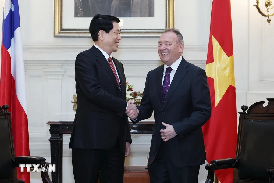 Chủ tịch nước Lương Cường hội kiến Chủ tịch Thượng viện Chile José García Ruminot. (Ảnh: Lâm Khánh/TTXVN)