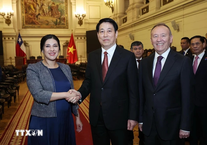 Chủ tịch nước Lương Cường hội kiến Chủ tịch Hạ viện Chile, Chủ tịch nhóm Nghị sỹ Hữu nghị Chile-Việt Nam, bà Karol Aída Cariola Oliva. (Ảnh: Lâm Khánh/TTXVN)