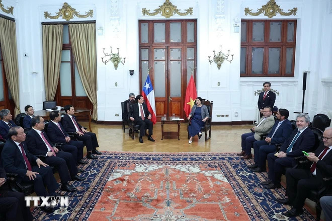 Chủ tịch nước Lương Cường hội kiến Chủ tịch Hạ viện Chile, Chủ tịch nhóm Nghị sỹ Hữu nghị Chile-Việt Nam, bà Karol Aída Cariola Oliva. (Ảnh: Lâm Khánh/TTXVN)