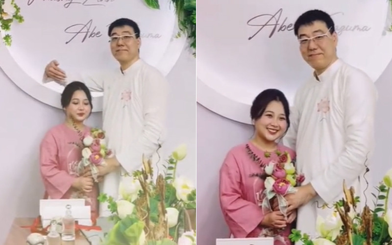 Sau hành động hài hước, chú rể đã dành cho cô dâu cái ôm ngọt ngào. Ảnh cắt từ clip: Cô bé Tisu. Sau hành động hài hước, chú rể đã dành cho cô dâu cái ôm ngọt ngào. Ảnh cắt từ clip: Cô bé Tisu.