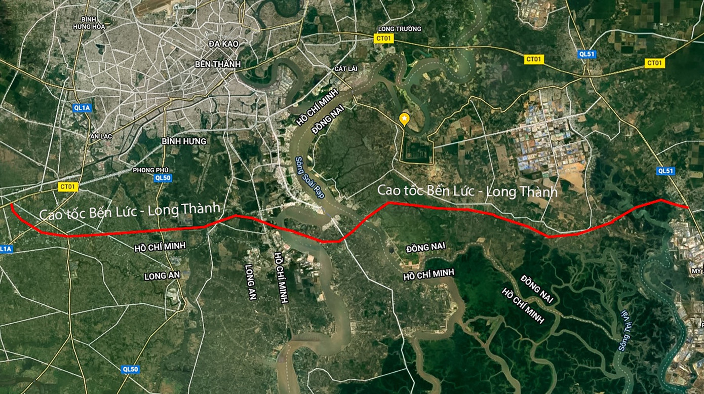 Vị trí dự án cao tốc Bến Lức - Long Thành đi qua Long An, TP.HCM và Đồng Nai. Ảnh: Google Maps.