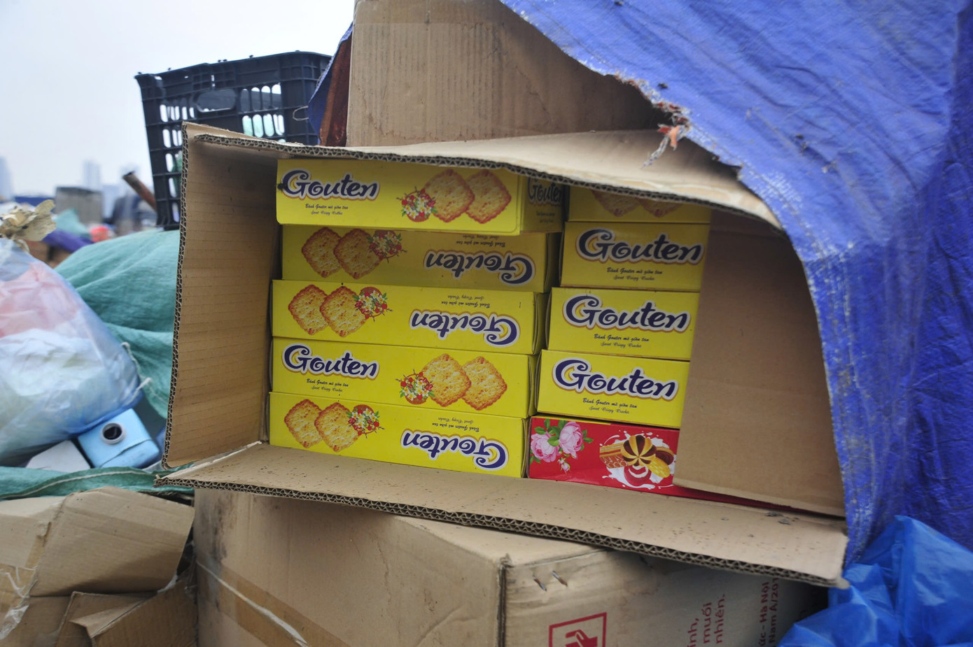 Không chỉ sản phẩm bánh kẹo có chữ nước ngoài, nhiều bánh kẹo, thực phẩm có nguồn gốc trong nước cũng bị đem bỏ tại bãi rác.