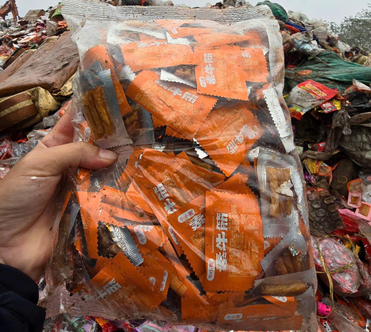 Một sản phẩm được trẻ em yêu thích có chữ nước ngoài đổ bỏ ở bãi rác La Phù.