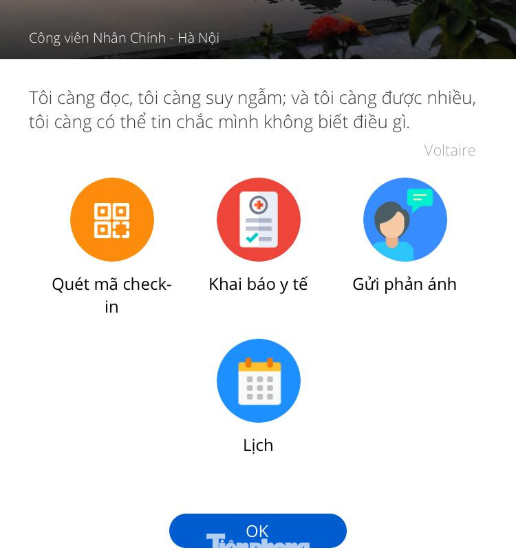 Giao diện chính của ứng dụng Bluezone sau khi cài đăng, đăng ký và đăng nhập thành công trên thiết bị thông minh cầm tay, với mục Khai báo y tế để khách lựa chọn thực hiện khai báo trước chuyến đi.