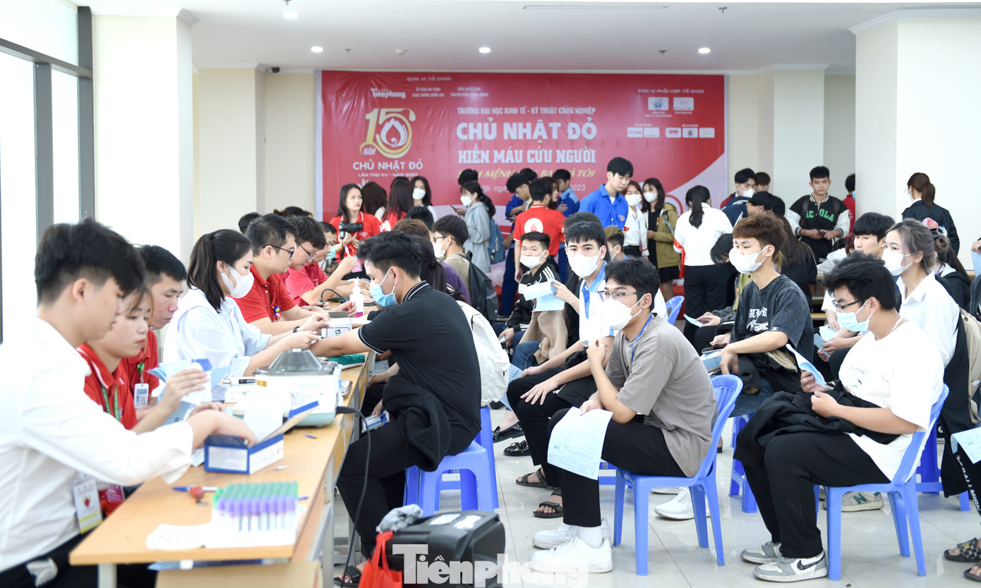 Các bạn sinh viên thực hiện các thao tác, thủ tục kiểm tra sức khỏe nhanh tại chương trình. Ảnh: Xuân Tùng