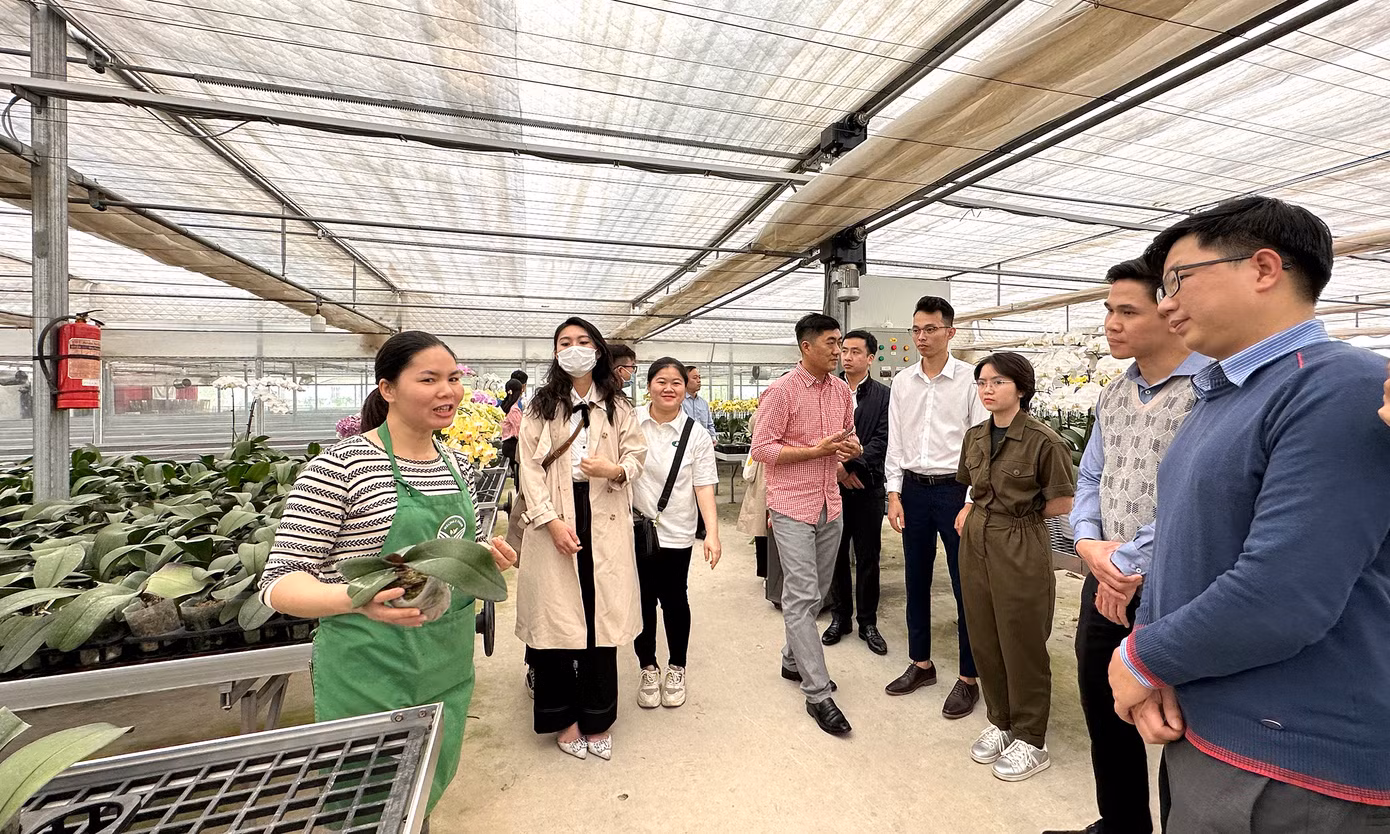 Các học viên khóa học tham quan thực tế ở Đền thờ Hai Bà Trưng, mô hình trồng lan. Ảnh: Xuân Tùng