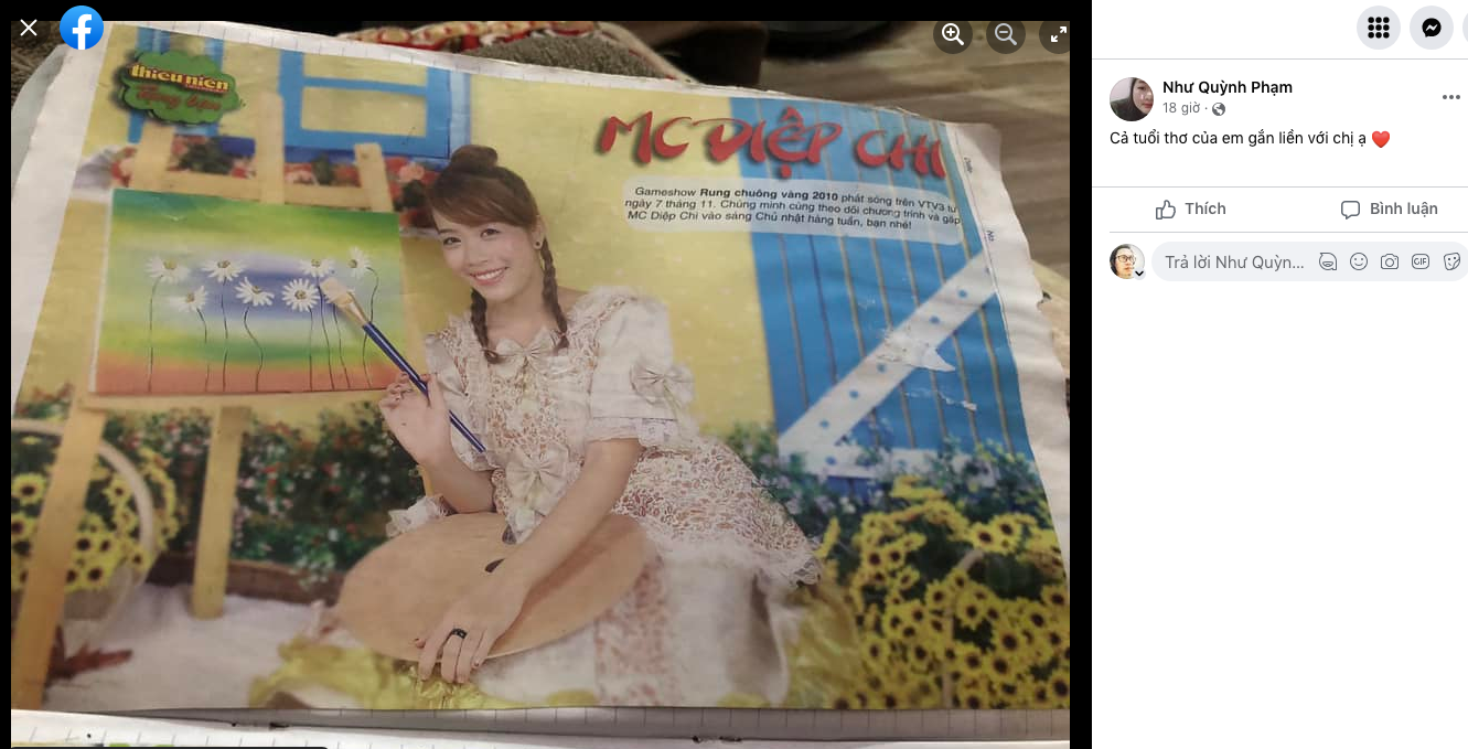 Một khán giả bình luận và chia sẻ hình ảnh MC Diệp Chi trên báo. Ảnh chụp màn hình
