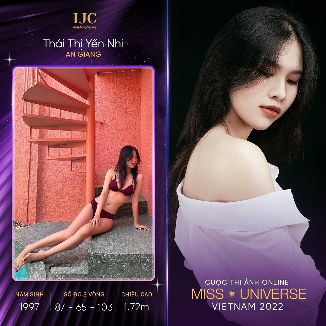 Mới đây, thí sinh Thái Thị Yến Nhi gây “bão” mạng xã hội khi xuất hiện trên Fanpage Hoa hậu Hoàn vũ Việt Nam 2022. Yến Nhi đến từ An Giang, sở hữu chiều cao 1m72 và số đo ba vòng lần lượt là: 87-65-103 cm.