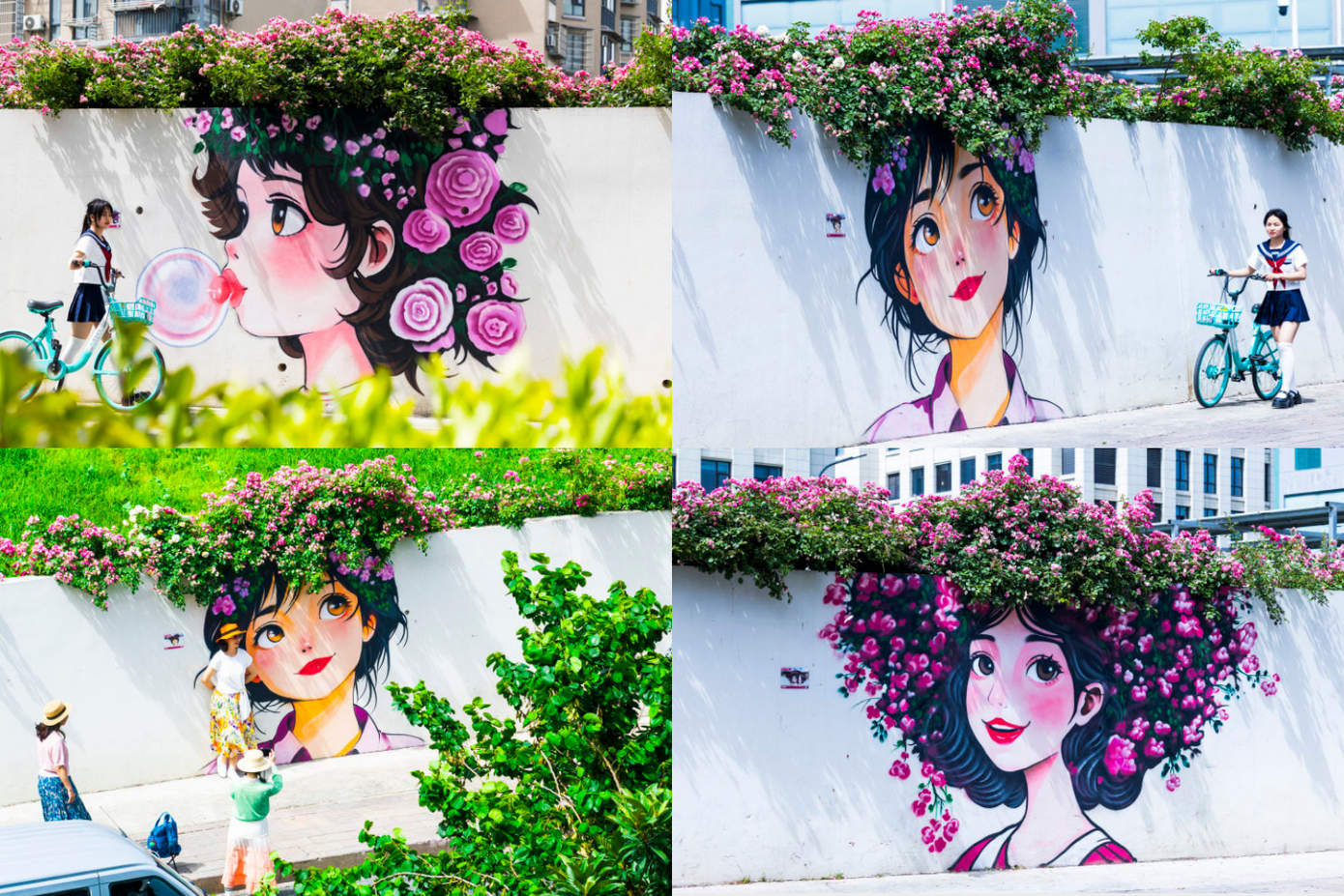 Bức tường hoa trên con đường ở Hàng Châu thu hút người xem. Ảnh: Xiaohongshu