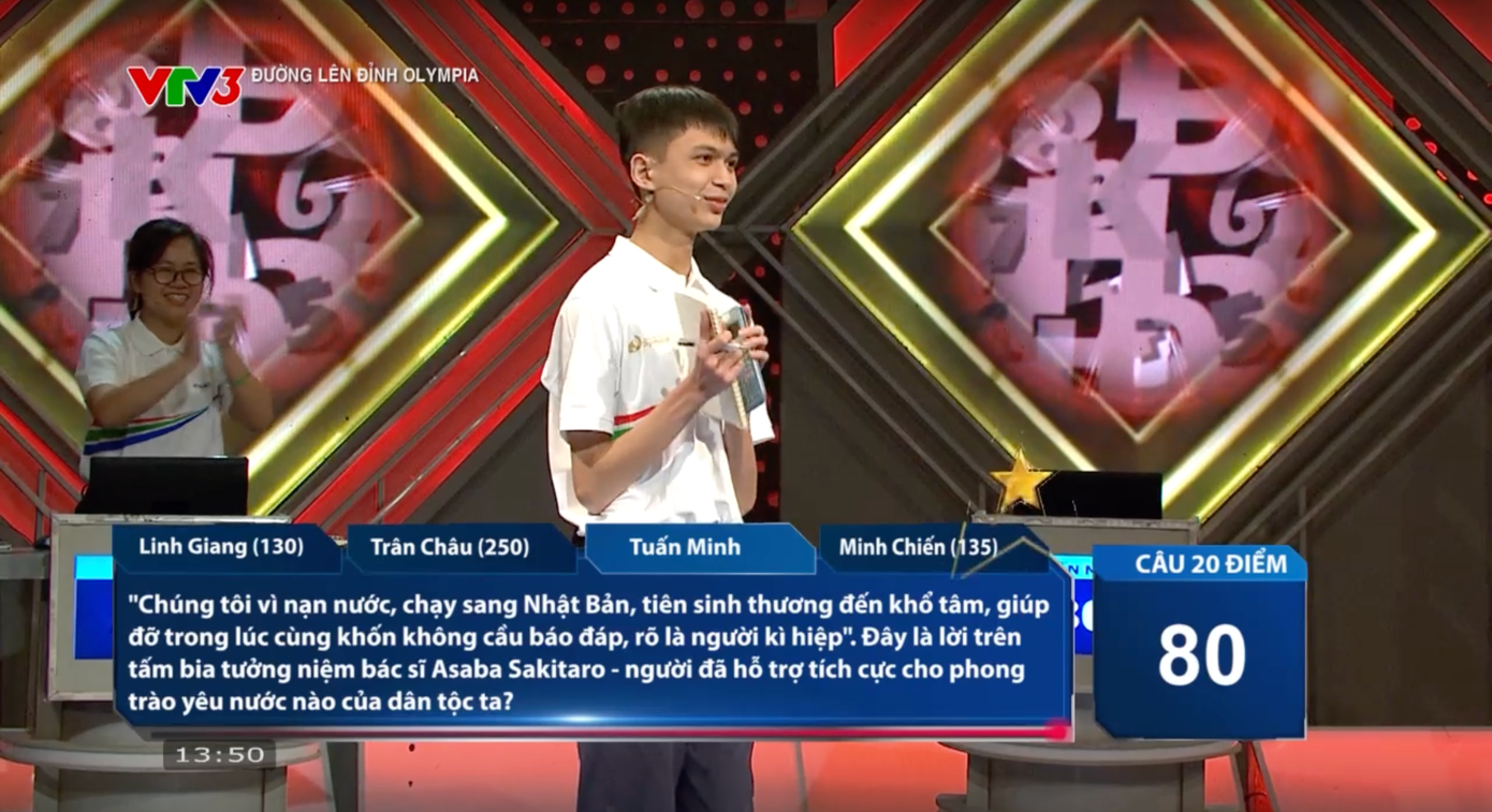 Với câu trả lời "phong trào Đông Du", Tuấn Minh thành công nâng tổng điểm với ngôi sao hy vọng. Với câu trả lời "phong trào Đông Du", Tuấn Minh thành công nâng tổng điểm với ngôi sao hy vọng.