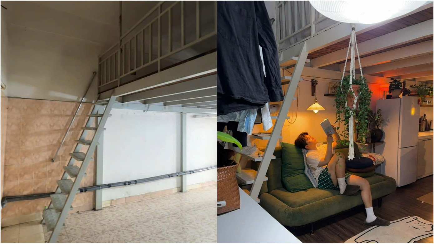 Gầm cầu thang trước và sau cải tạo. Ảnh: @dol.20s