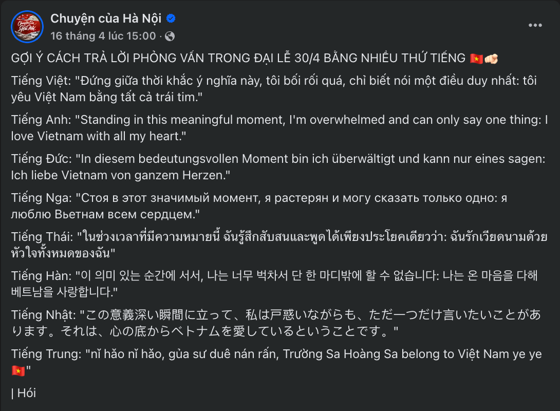Gợi ý cách &quot;chữa cháy bằng câu trả lời &quot;song ngữ&quot; được nhiều cư dân mạng, fanpage chia sẻ. Ảnh: Chuyện của Hà Nội