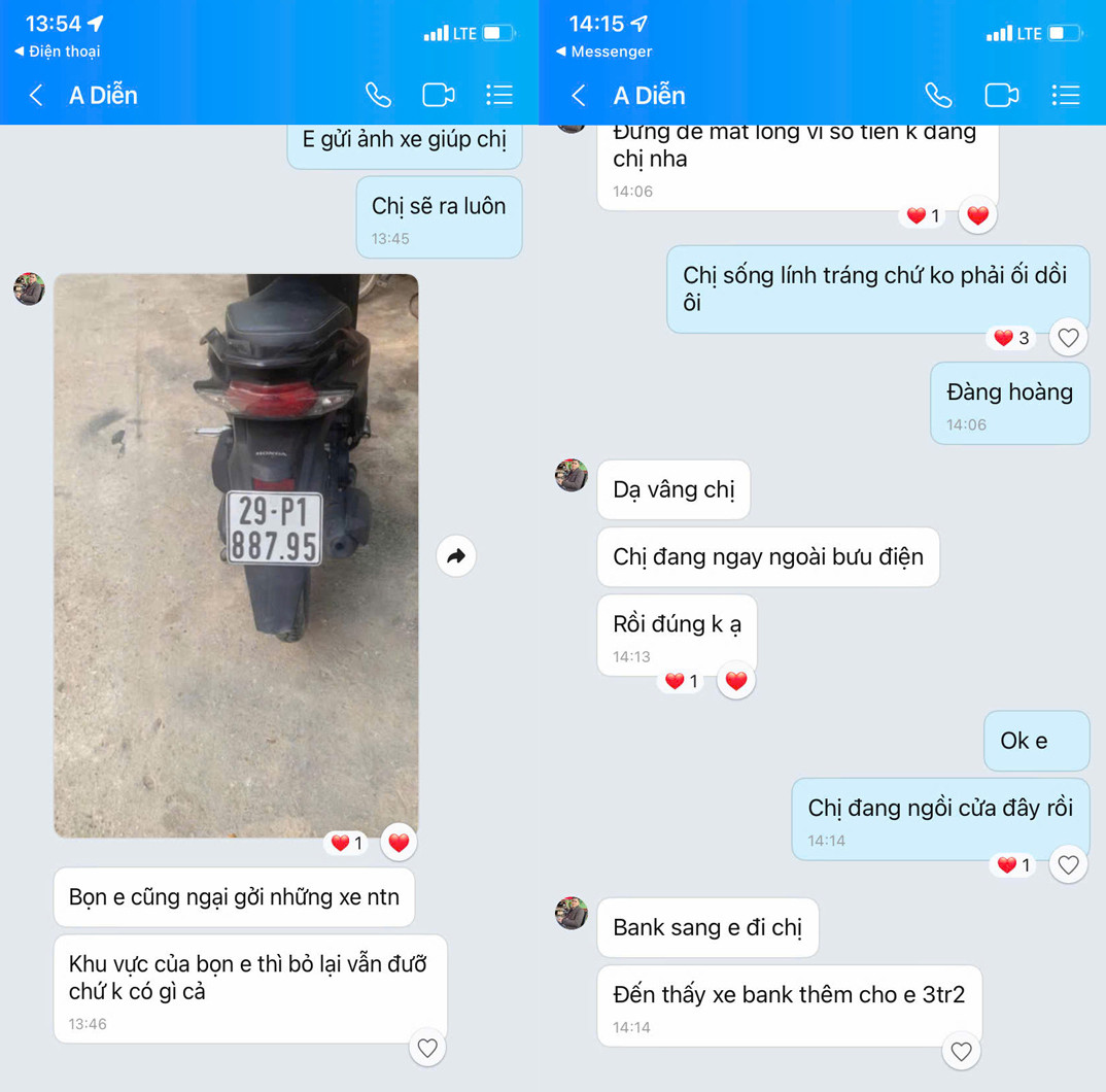 Đối tượng chủ động nhắn tin cho chị T. bán lại xe. Đối tượng chủ động nhắn tin cho chị T. bán lại xe.