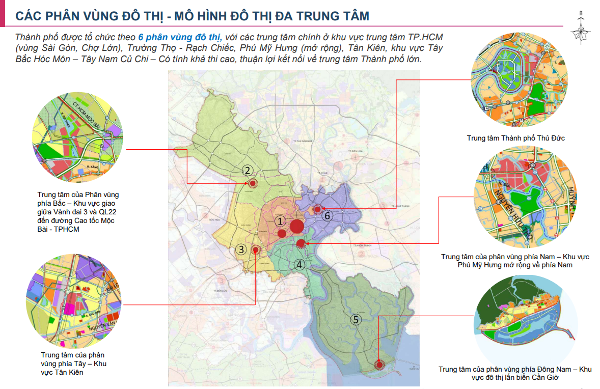 Cấu trúc không gian TPHCM đến năm 2040 được quy hoạch phát triển theo 6 phân vùng. Cấu trúc không gian TPHCM đến năm 2040 được quy hoạch phát triển theo 6 phân vùng.