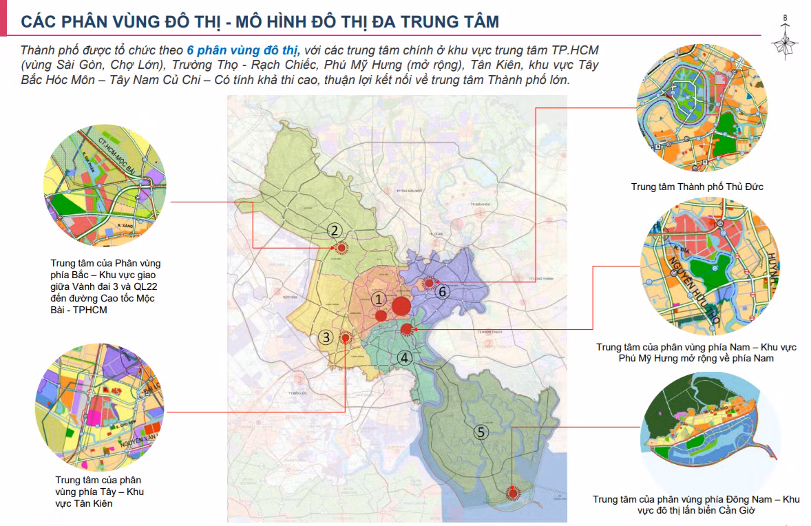 Cấu trúc không gian TPHCM đến năm 2040 được quy hoạch phát triển theo 6 phân vùng. Cấu trúc không gian TPHCM đến năm 2040 được quy hoạch phát triển theo 6 phân vùng.