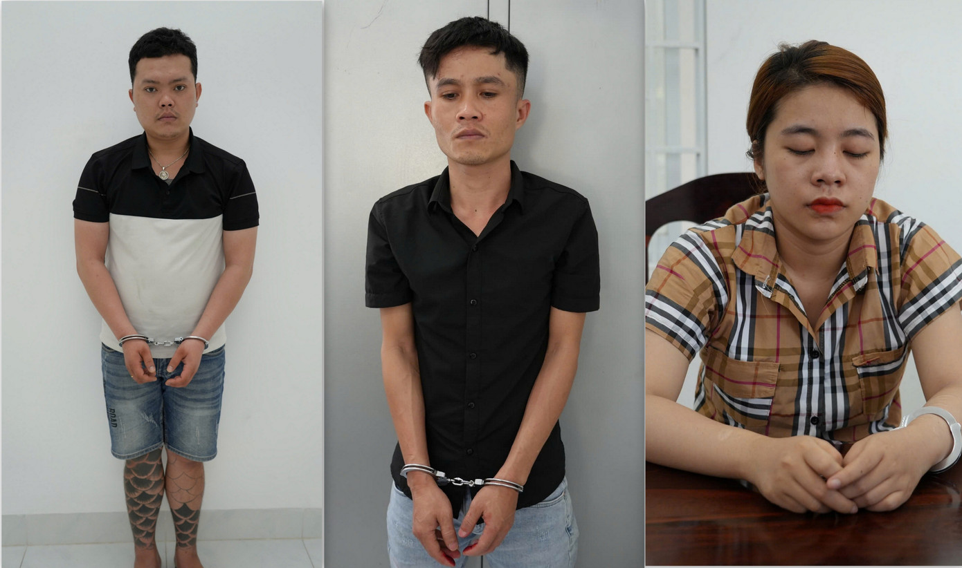 3 đối tượng Nhật, Phong, Ngân (tính từ trái qua) tại cơ quan công an.